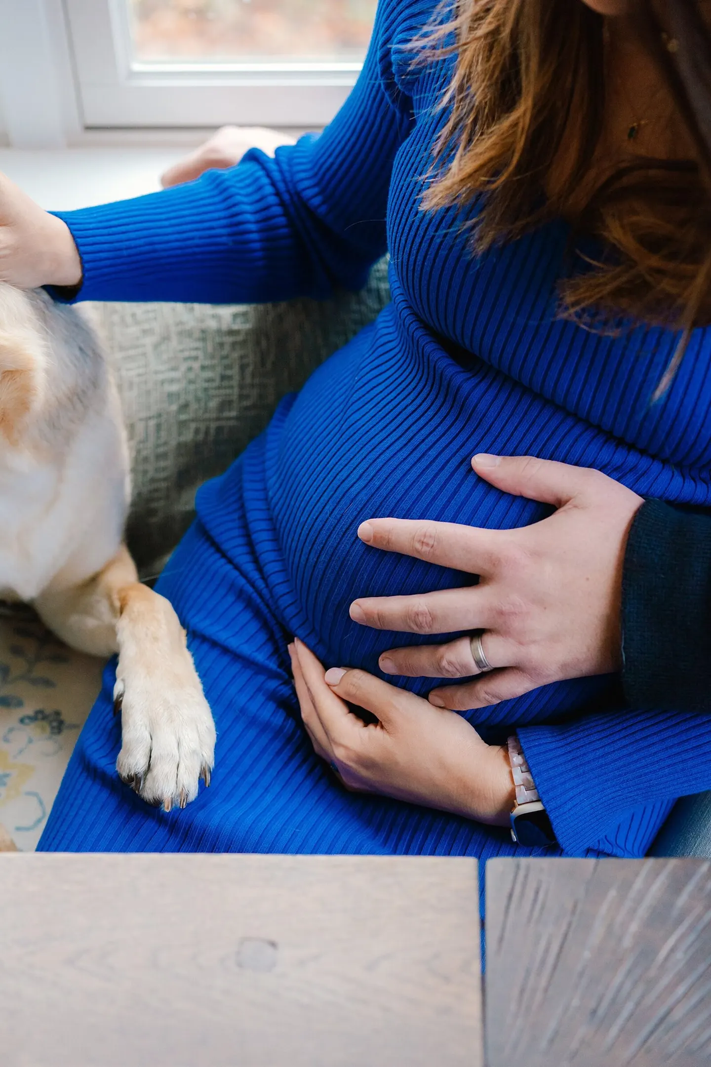 Close-up of a mother's hands resting on her bare bump beside her dog's paw