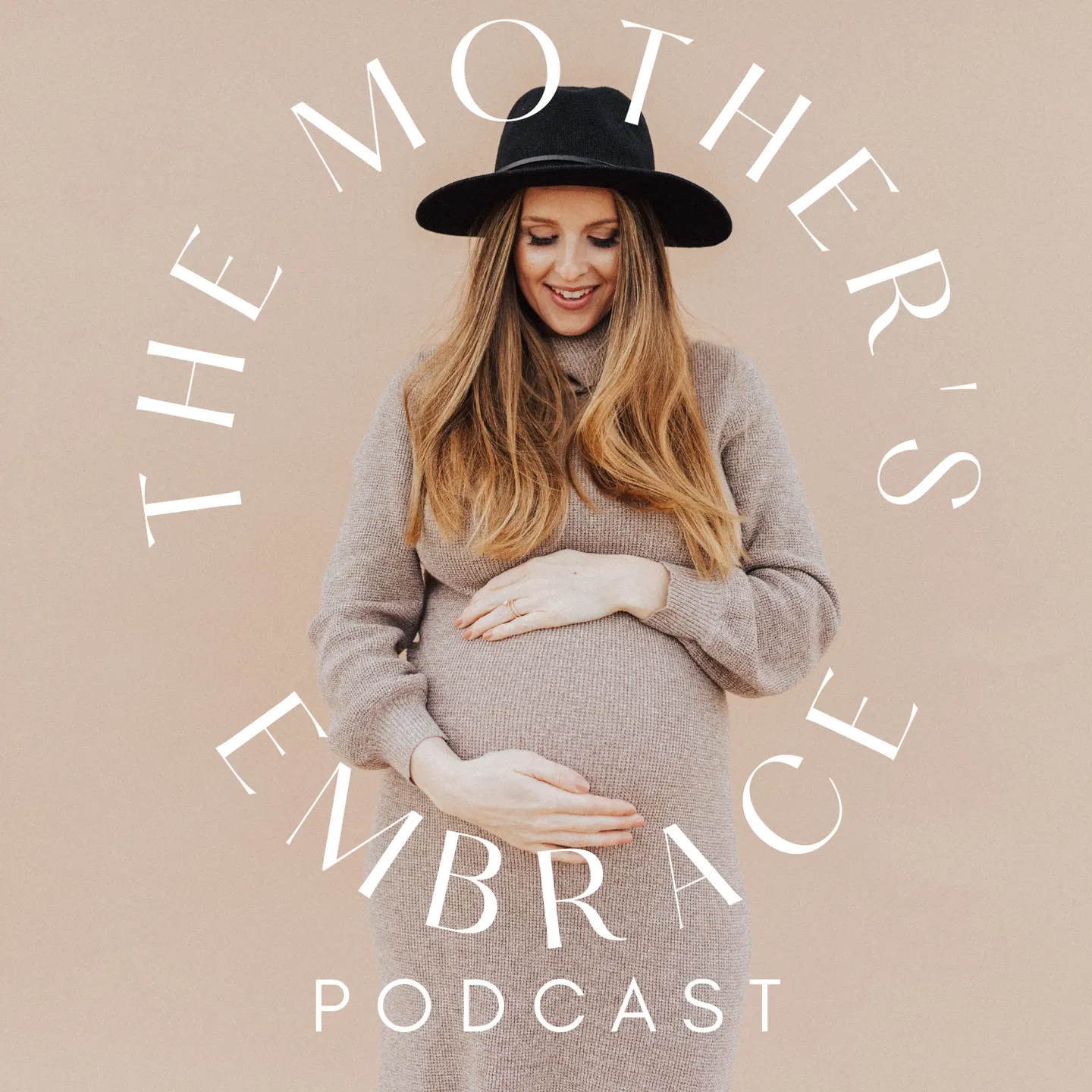 Cover art for The Mother's Embrace podcast, a pregnant woman in a black hat