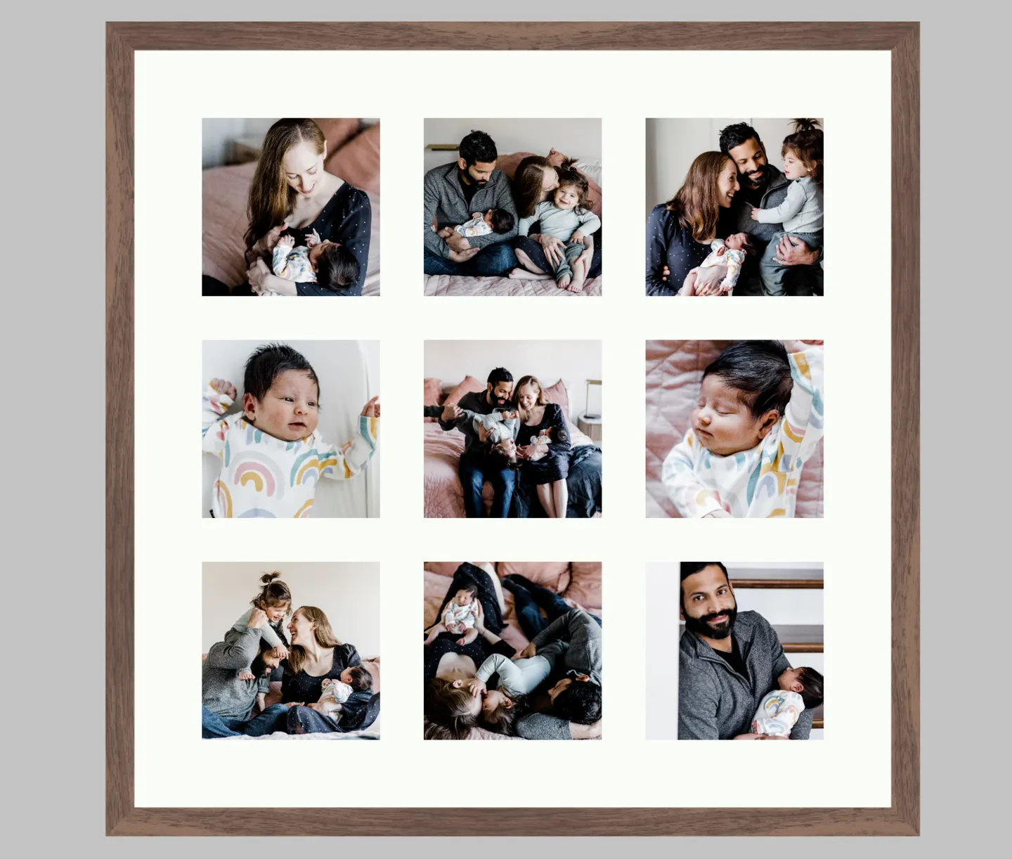 Walnut-framed nine-photo grid capturing a family's first days together with a newborn